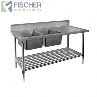 Stainless Steel Left Double Sink Bench 1500mm - Pipe Undershelf - FSA-2-1500L